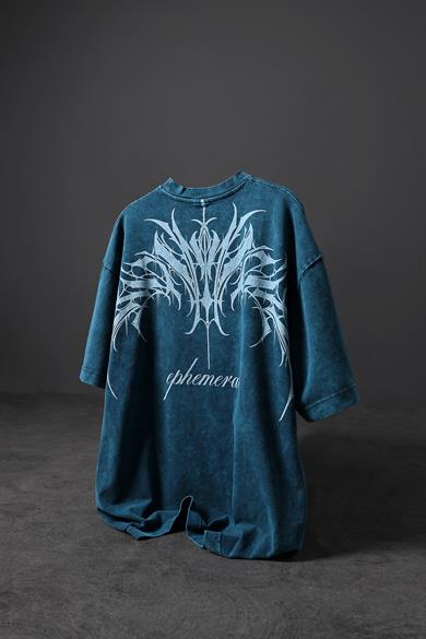 Erkek Petrol Ephemeral Baskılı Özel Yıkamalı Kumaş Oversize Tshirt
