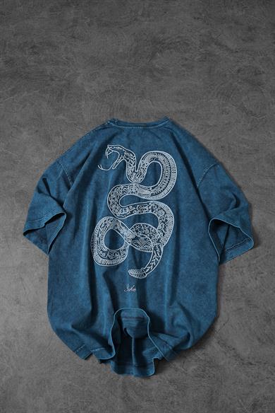 Erkek Petrol Snake Nakışlı Özel Yıkamalı Kumaş Oversize Tshirt