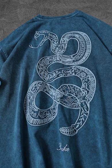 Erkek Petrol Snake Nakışlı Özel Yıkamalı Kumaş Oversize Tshirt