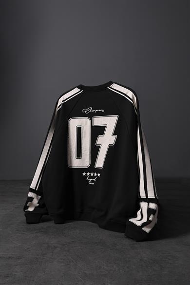Erkek Siyah 07 Champions Baskılı Oversize Sweatshirt