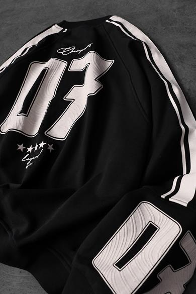 Erkek Siyah 07 Champions Baskılı Oversize Sweatshirt