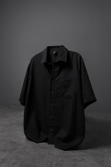 Erkek Siyah %100 Keten Kumaş Oversize Kısa Kollu Gömlek