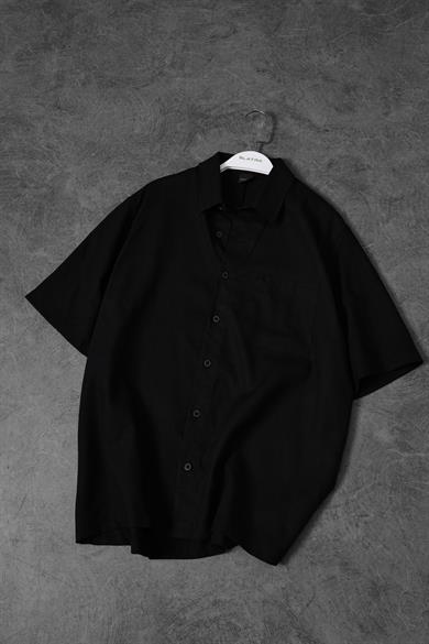 Erkek Siyah %100 Keten Kumaş Oversize Kısa Kollu Gömlek