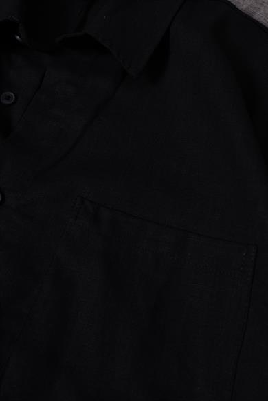 Erkek Siyah %100 Keten Kumaş Oversize Kısa Kollu Gömlek