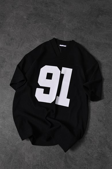 Erkek Siyah 91 Baskılı Fitilli Oversize V Yaka Forma Tshirt
