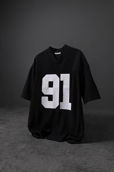 Erkek Siyah 91 Baskılı Fitilli Oversize V Yaka Forma Tshirt