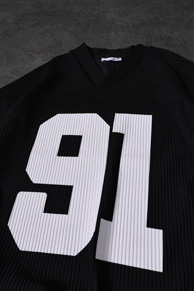 Erkek Siyah 91 Baskılı Fitilli Oversize V Yaka Forma Tshirt