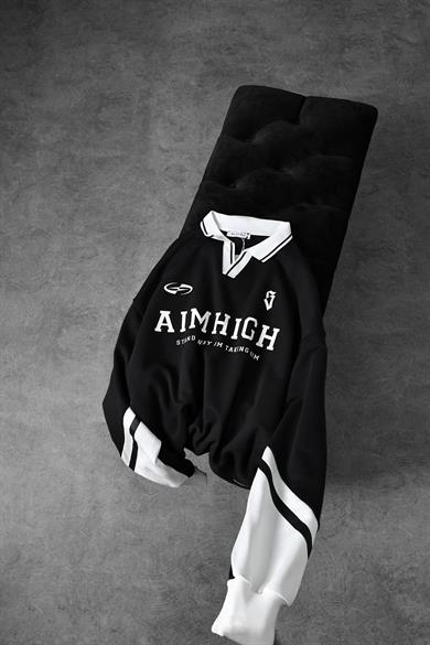 Erkek Siyah Aimhigh Baskılı Polo Yaka Oversize Sweatshirt