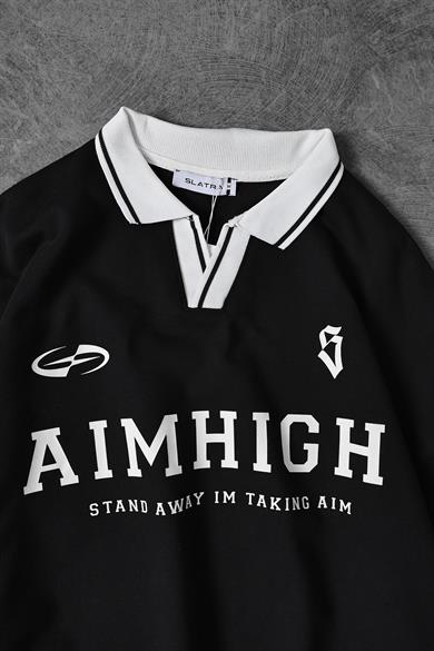 Erkek Siyah Aimhigh Baskılı Polo Yaka Oversize Sweatshirt