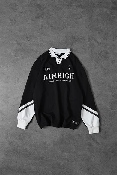 Erkek Siyah Aimhigh Baskılı Polo Yaka Oversize Sweatshirt