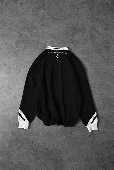 Erkek Siyah Aimhigh Baskılı Polo Yaka Oversize Sweatshirt