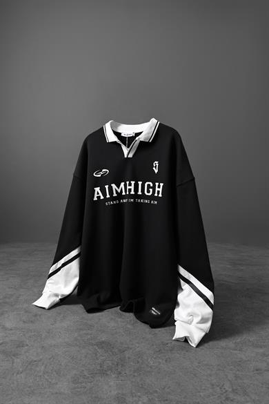 Erkek Siyah Aimhigh Baskılı Polo Yaka Oversize Sweatshirt