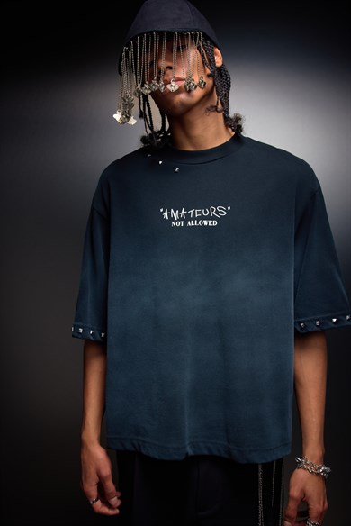 Erkek Siyah Amateur Spreyli Boxy Fit Tshirt