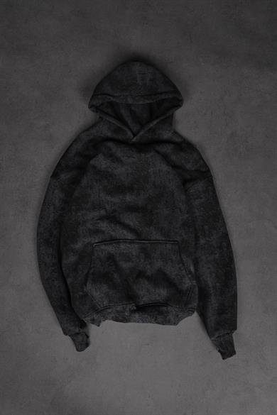 Erkek Siyah Antik Desen Nakışlı Yıkamalı Oversize Kapüşonlu Sweatshirt