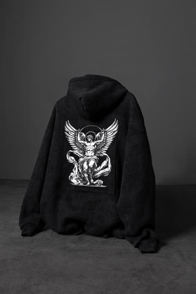 Erkek Siyah Antik Desen Nakışlı Yıkamalı Oversize Kapüşonlu Sweatshirt
