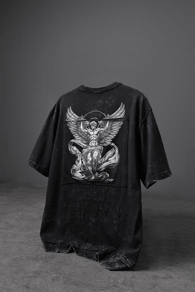 Erkek Siyah Antik Desen Patchli Nakışlı Yıkamalı Oversize Tshirt