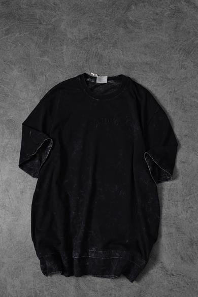 Erkek Siyah Antik Desen Patchli Nakışlı Yıkamalı Oversize Tshirt