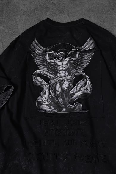 Erkek Siyah Antik Desen Patchli Nakışlı Yıkamalı Oversize Tshirt