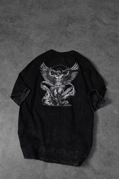 Erkek Siyah Antik Desen Patchli Nakışlı Yıkamalı Oversize Tshirt