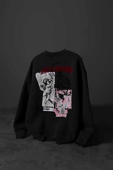 Erkek Siyah Art İs History Flok Baskılı Oversize Sweatshirt