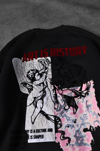 Erkek Siyah Art İs History Flok Baskılı Oversize Sweatshirt