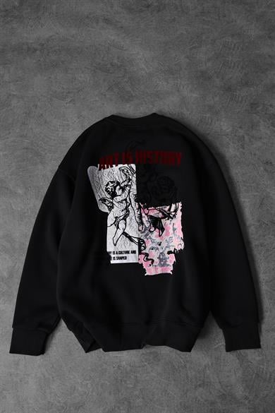 Erkek Siyah Art İs History Flok Baskılı Oversize Sweatshirt