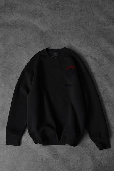 Erkek Siyah Art İs History Flok Baskılı Oversize Sweatshirt