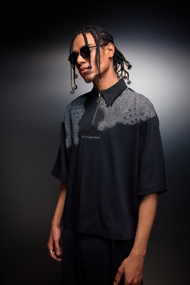 Erkek Siyah Backroom Box Fit Polo Yaka Tshirt