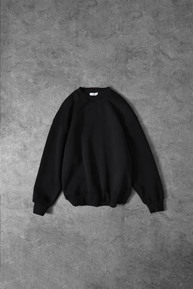 Erkek Siyah Basic Bisiklet Yaka Oversize Sweatshirt