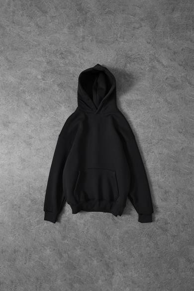 Erkek Siyah Basic Kapüşonlu Oversize Sweatshirt
