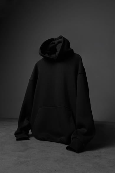 Erkek Siyah Basic Kapüşonlu Oversize Sweatshirt