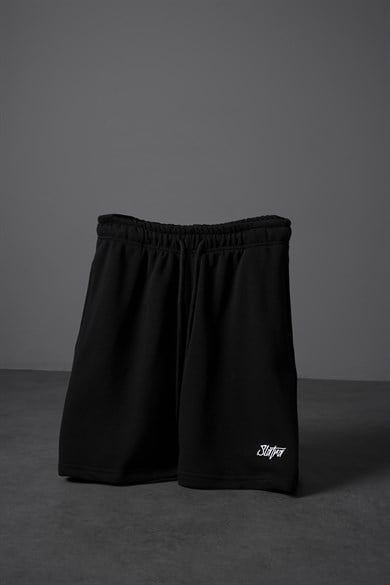 Erkek Siyah Basic Nakışlı Diz Üstü Şort