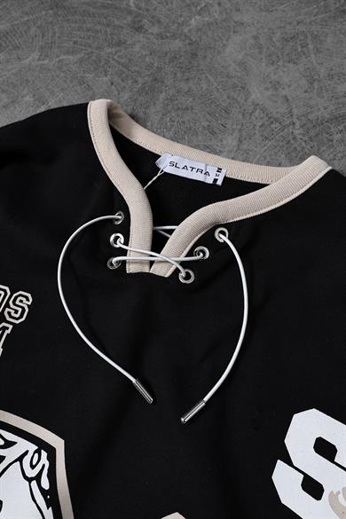 Erkek Siyah Baskılı 21 Polo Yaka Oversize Forma Sweatshirt