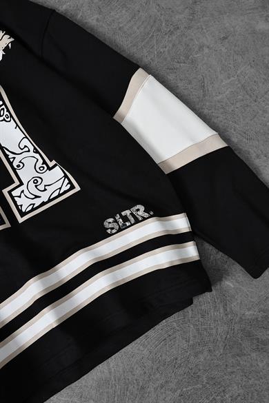 Erkek Siyah Baskılı 21 Polo Yaka Oversize Forma Sweatshirt