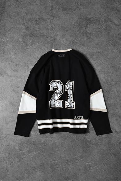 Erkek Siyah Baskılı 21 Polo Yaka Oversize Forma Sweatshirt