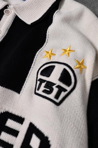 Erkek Siyah-Bej Striker Polo Yaka Oversize Kazak