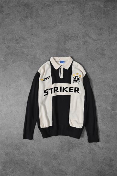 Erkek Siyah-Bej Striker Polo Yaka Oversize Kazak