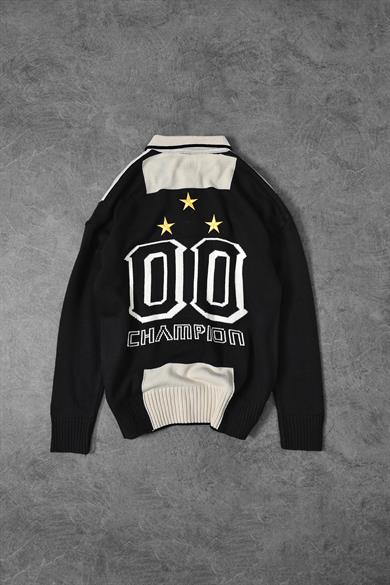 Erkek Siyah-Bej Striker Polo Yaka Oversize Kazak