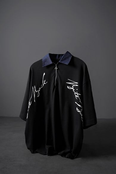 Erkek Siyah Bite Back Yaka Detay Box Fit Tshirt