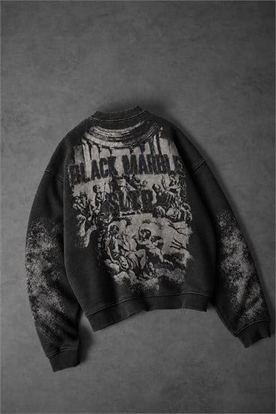 Erkek Siyah Black Marble Özel Yıkamalı Oversize Sweatshirt