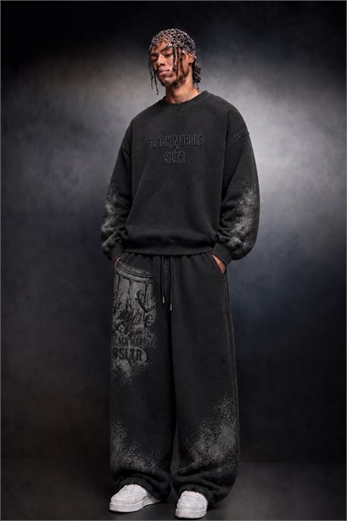 Erkek Siyah Black Marble Özel Yıkamalı Baggy Eşofman