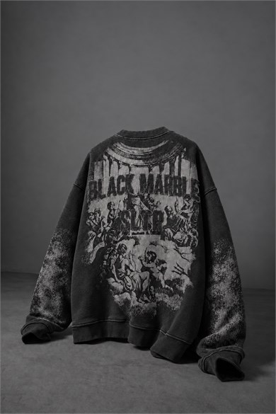 Erkek Siyah Black Marble Özel Yıkamalı Oversize Sweatshirt