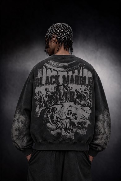 Erkek Siyah Black Marble Özel Yıkamalı Oversize Sweatshirt