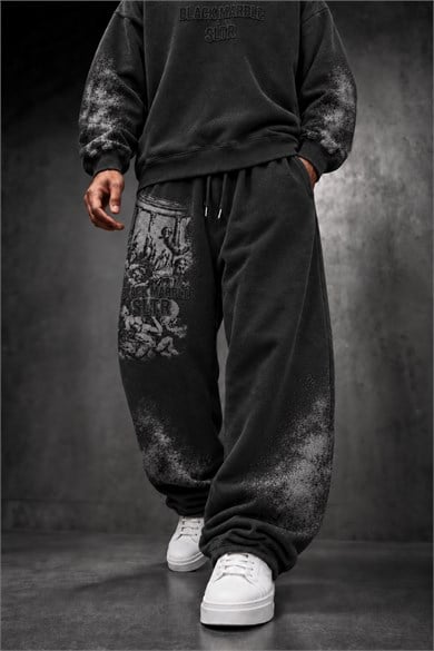 Erkek Siyah Black Marble Özel Yıkamalı Baggy Eşofman