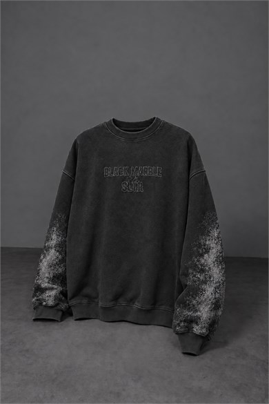 Erkek Siyah Black Marble Özel Yıkamalı Oversize Sweatshirt