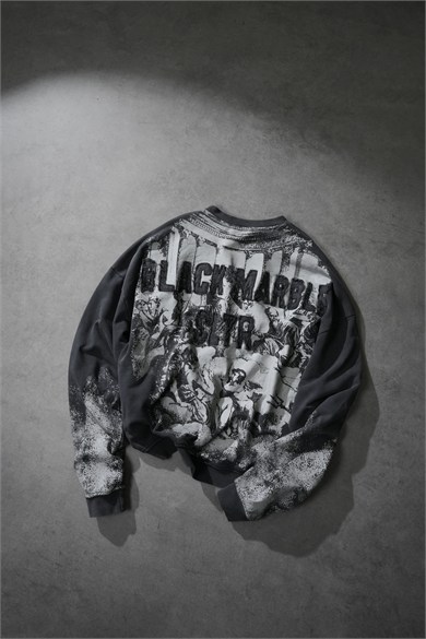 Erkek Siyah Black Marble Özel Yıkamalı Oversize Sweatshirt