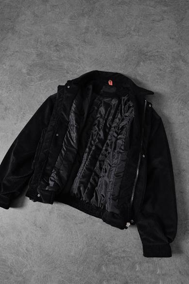 Erkek Siyah Bomber Fermuarlı Astarlı Kadife Ceket