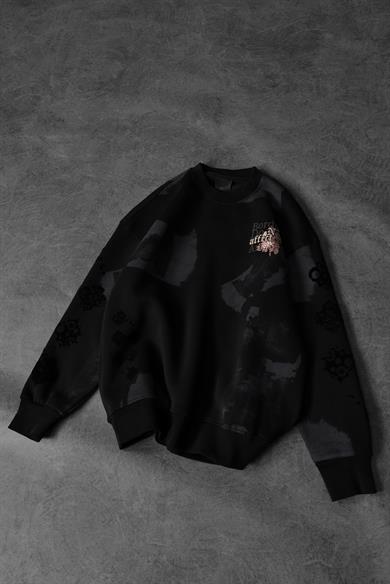 Erkek Siyah Borders Flok Baskılı Oversize Sweatshirt