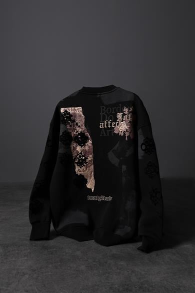 Erkek Siyah Borders Flok Baskılı Oversize Sweatshirt