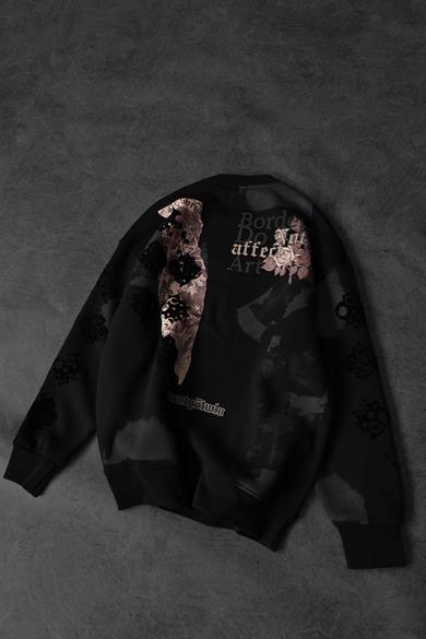 Erkek Siyah Borders Flok Baskılı Oversize Sweatshirt